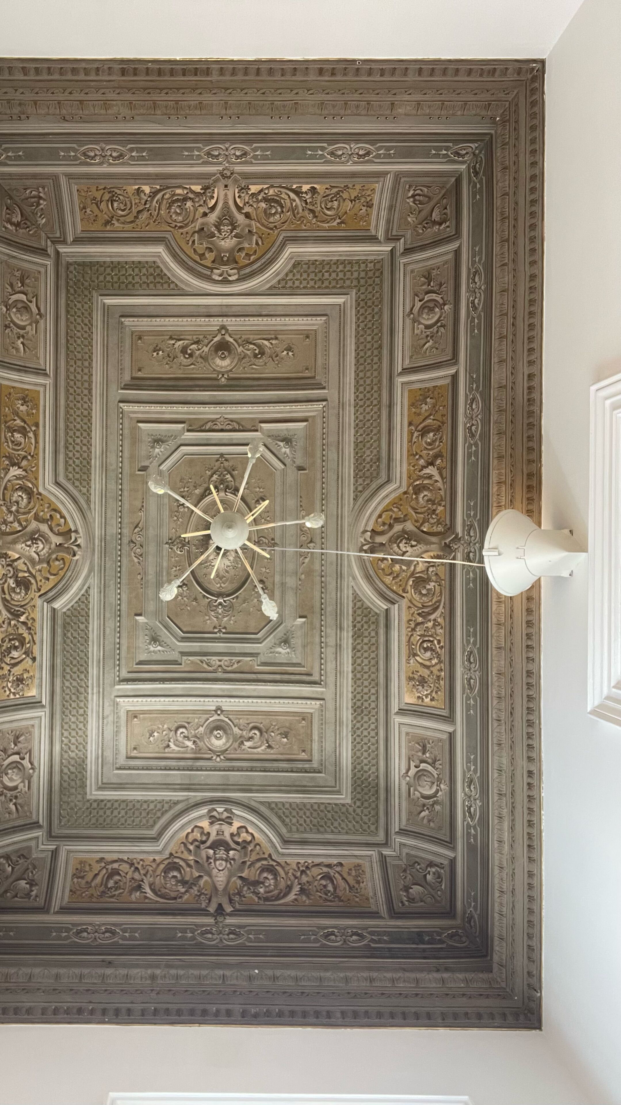 A ceiling with intricate decorative patterns and a central chandelier.