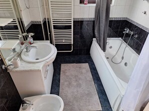 Jetted bath, bidet, towels, toilet paper