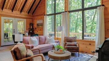 Smart TV, fireplace, books, offices