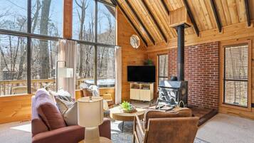 Een smart-tv, een open haard, een dvd-speler en boeken