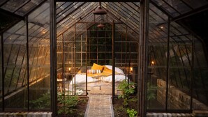 Une serre avec un chemin central menant à un espace aménagé pour les plantes, entouré de végétaux et agrémenté d’un banc en bois rustique.