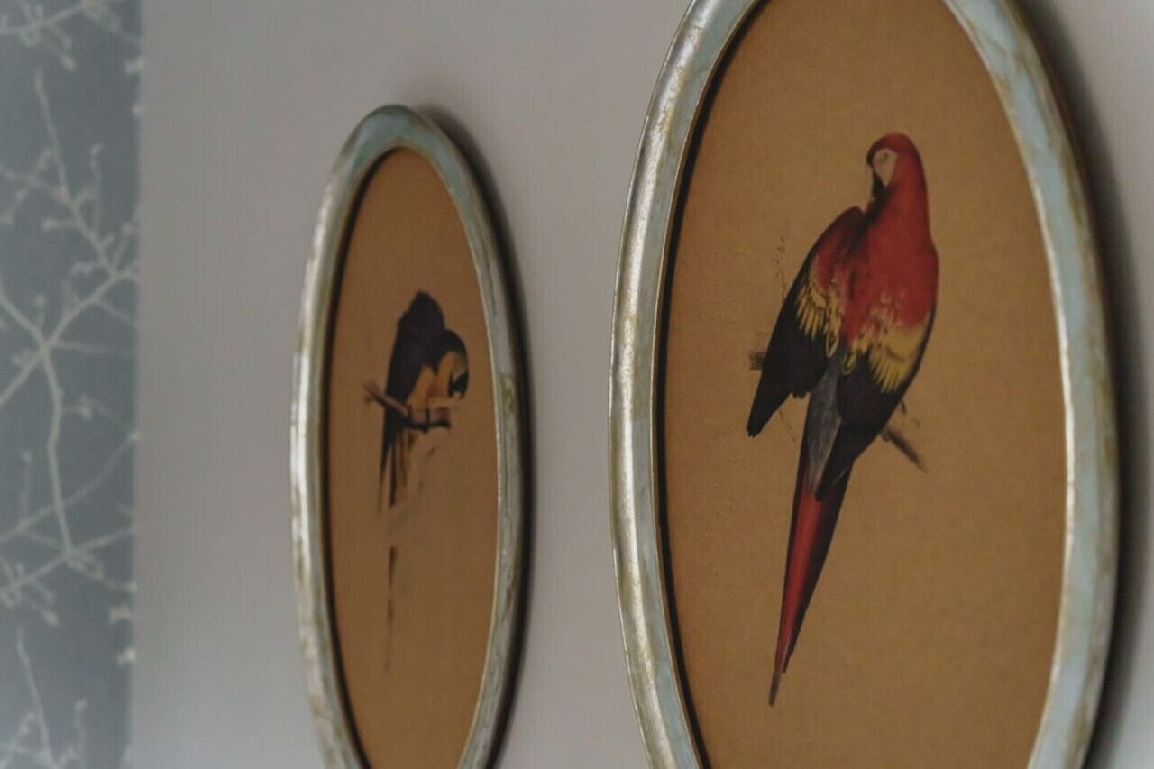 Two oval-shaped wall art pieces with birds.