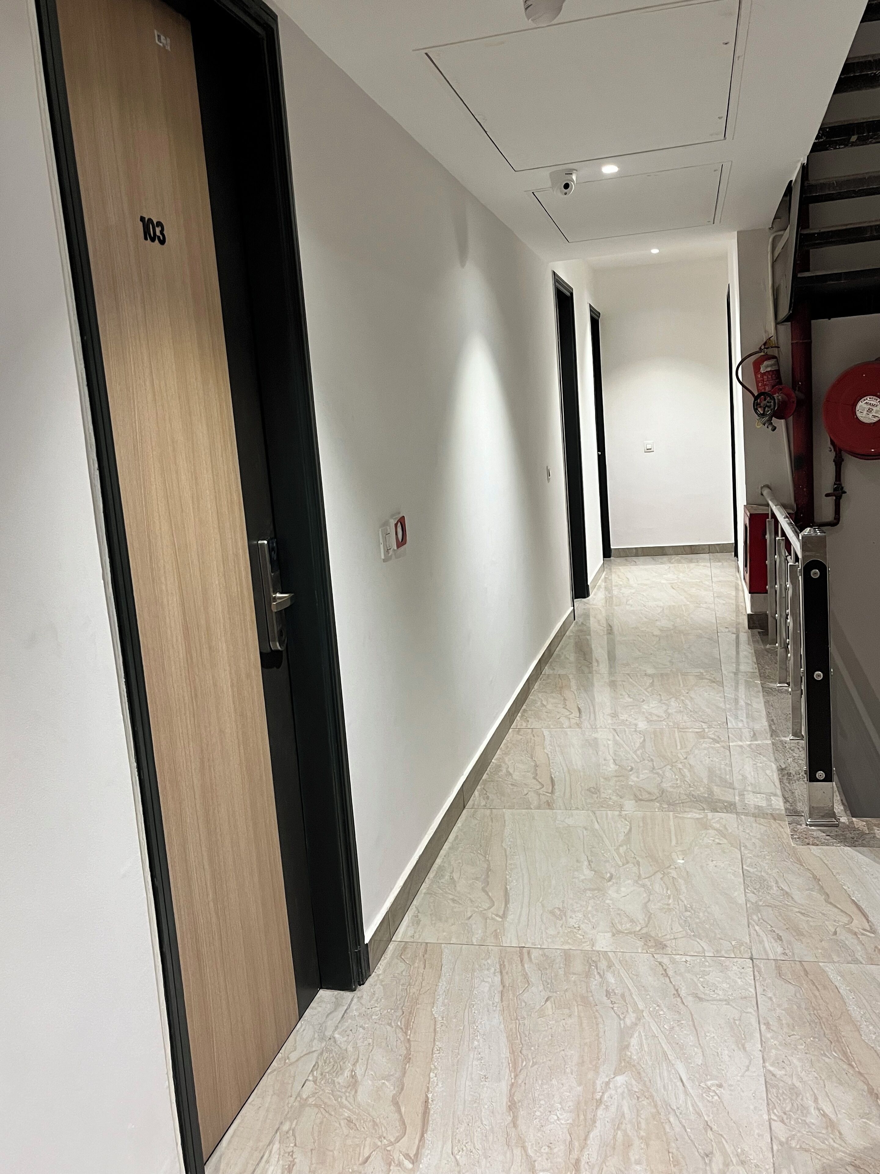 A hallway with a wooden door labeled "103", a fire extinguisher, and a red circular object on the wall.