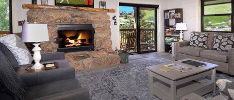 Télévision, cheminée, espaces bureaux