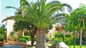 A well-maintained garden with palm trees, a large rock, and a building with balconies. - Nice apartment for 6 guests with pool, A/C, WIFI, TV, terrace and pets allowed (Monticello)