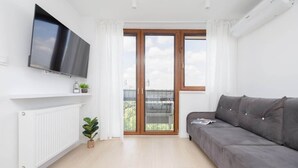 A modern living room with a flat-screen TV, a grey sofa, a radiator, a small plant, and a sliding glass door leading to a balcony.