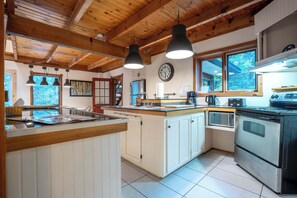 Een koelkast, een microgolfoven, een oven, een kookplaat