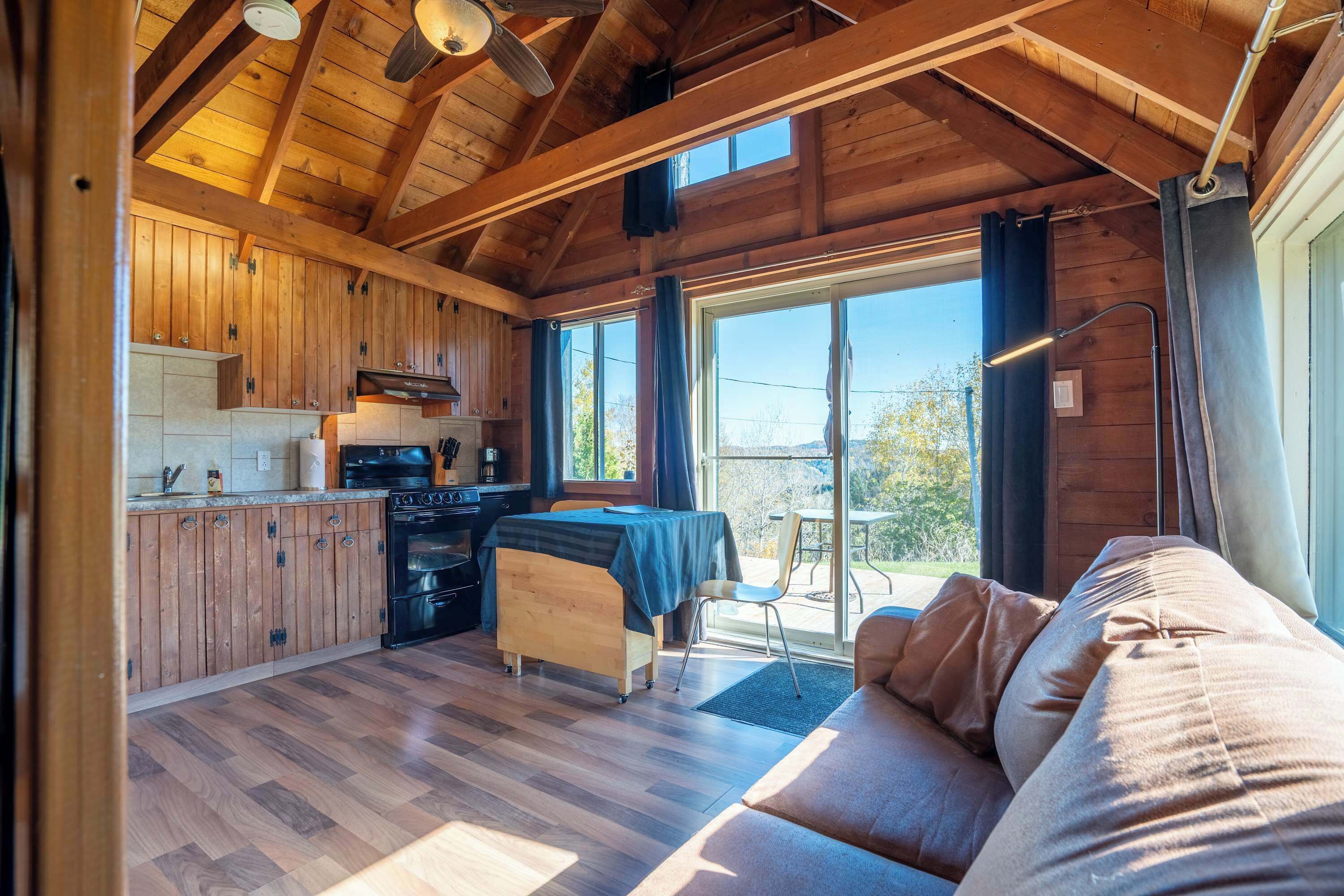 Un acogedor interior de cabaña con paredes de madera, una kitchenette, una zona de comedor y un sofá.