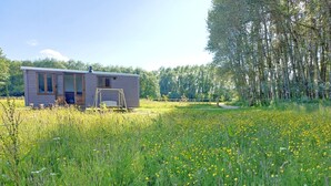 A small cabin with a porch and a swing set in a grassy field with yellow flowers.
