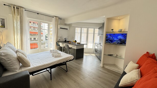 En modern lägenhet med en säng, en soffa, ett kök och en tv.
