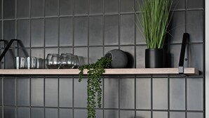 Een keukenblad met een plant in pot, een mes en verschillende glazen.