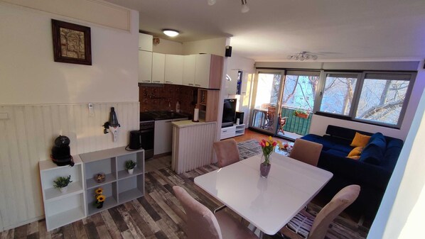 Appartement (One Bedroom Apartment with Balcony) | Salle de séjour | Téléviseur à écran plat de 32 po avec télévision par câble