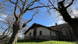 Ein rustikales Steinhaus mit geneigtem Dach, umgeben von Bäumen.