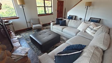 Smart TV, fireplace, DVD player, books