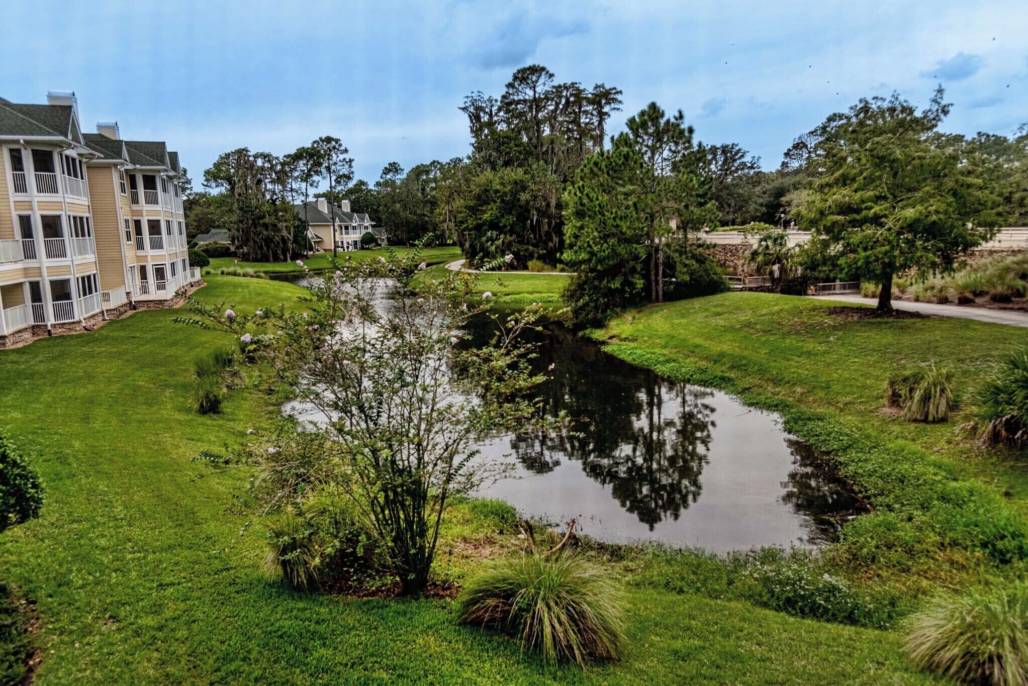 A residential area with a pond, lush greenery, and a multi-story building with balconies.