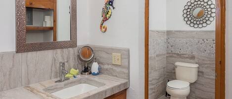 A bathroom with a marble sink, wooden cabinets, a mirror with wall sconces, a decorative seahorse, and a toilet with a marble backsplash.