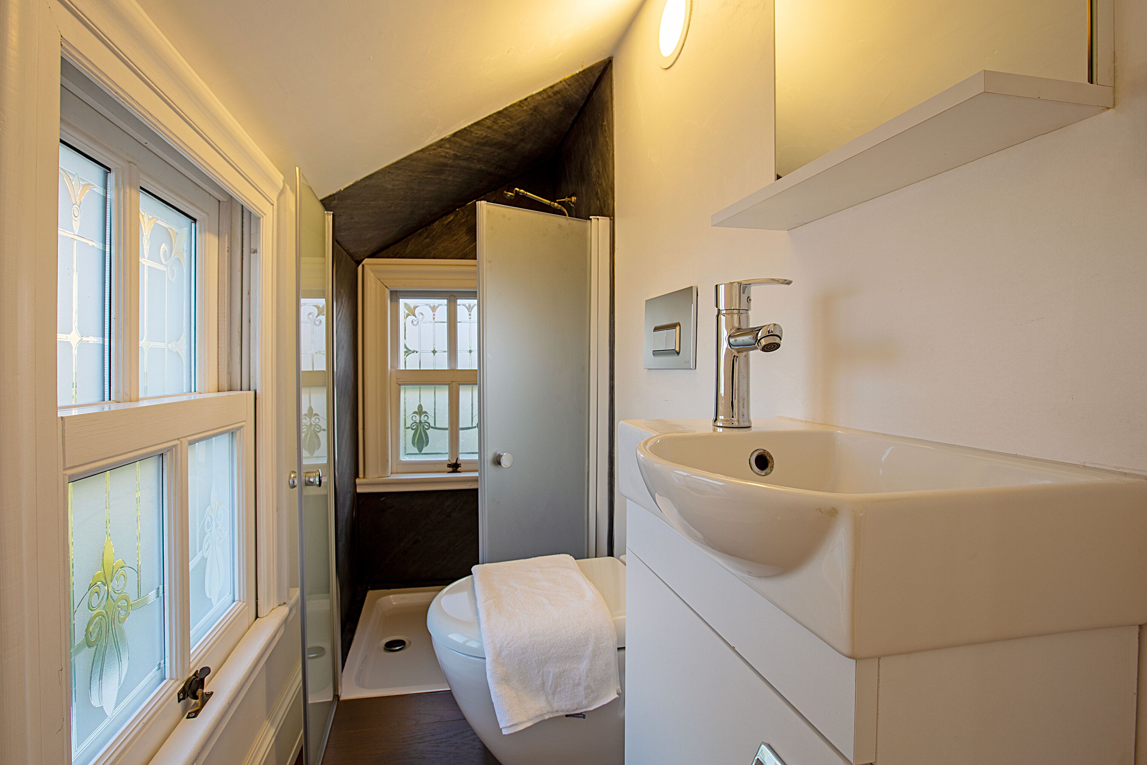 A narrow bathroom with a toilet, a sink, and frosted glass windows.