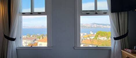 Una habitación de hotel con dos ventanas, una cama, un televisor y un aparador de madera.