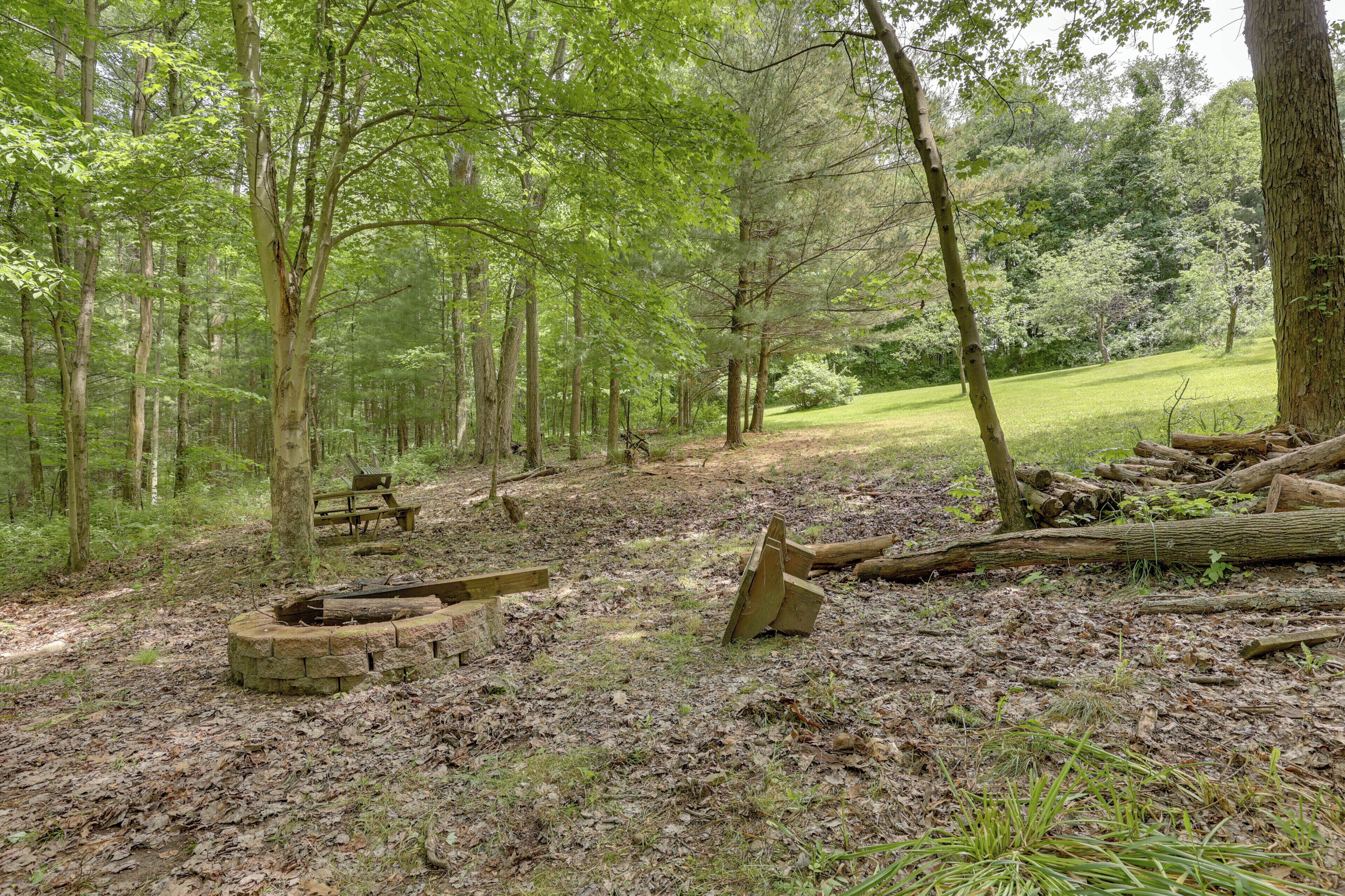 Ein bewaldeter Campingplatz mit Feuerstelle aus Stein, Picknicktisch und Holzstämmen.