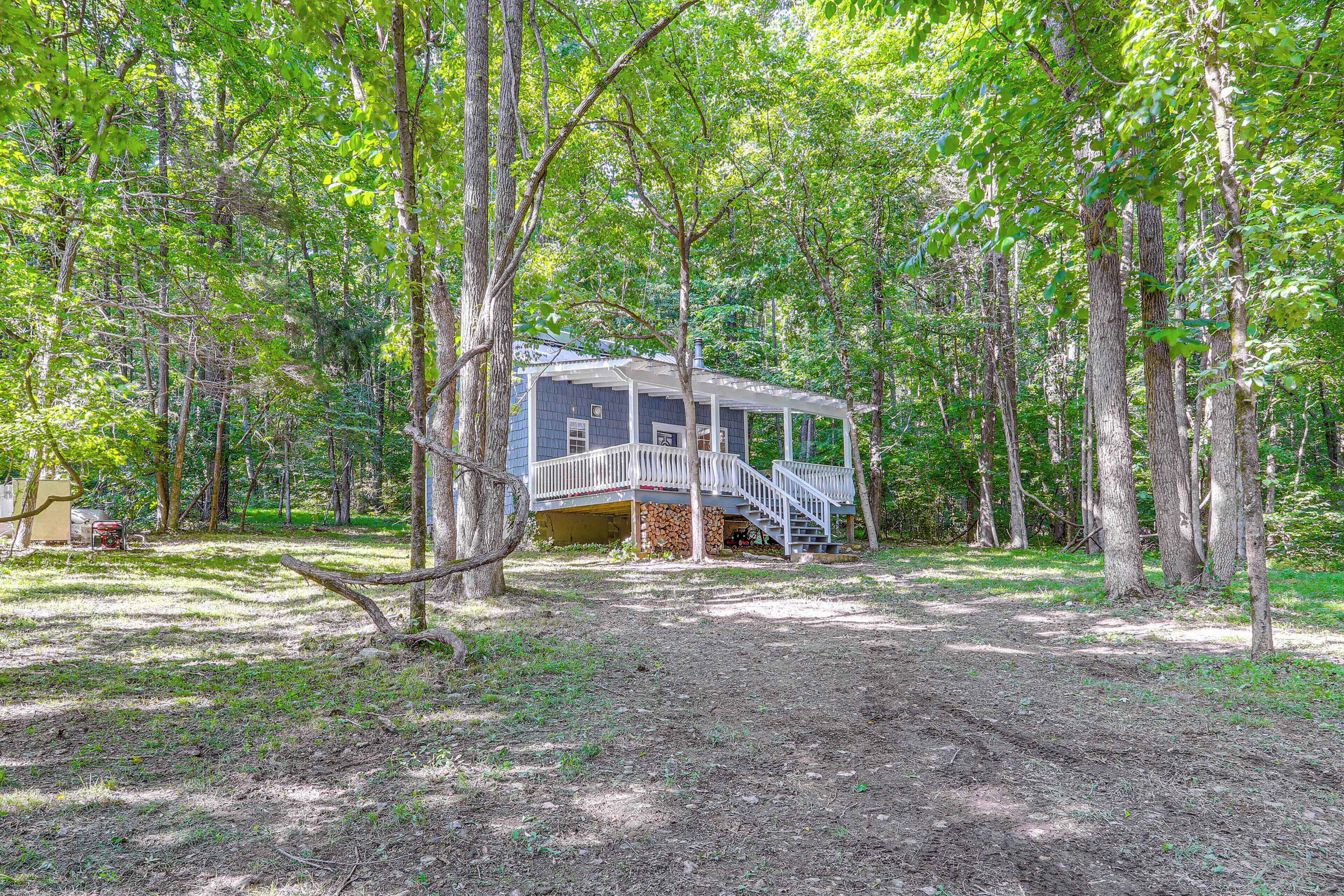 A cabin with a porch and stairs, surrounded by trees.