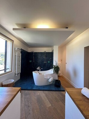 Hair dryer, towels, soap, shampoo