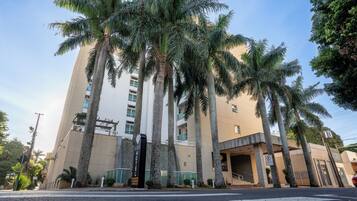 A hotel with a modern design, featuring tall palm trees in front, a prominent entrance, and a clear sky.
