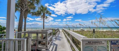 A wooden boardwalk leading to a beach with palm trees and a clear sky.