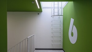 Una escalera con barandilla blanca, pared verde y estantería blanca.