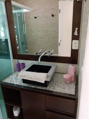 Secadora de cabello, toallas, papel de baño 