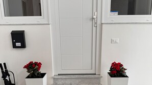 A white door with a keyhole, a mailbox, and two potted plants with red flowers on either side. - Vesuvius Pompeii (Pompei)