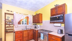 Une cuisine avec des meubles de rangement en bois, une cuisinière à gaz, un four, un four à micro-ondes et un réfrigérateur.