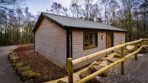 A small wooden cabin with a sloped roof, a window, and a door.
