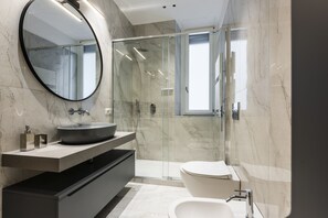 Shower, hair dryer, bidet, towels