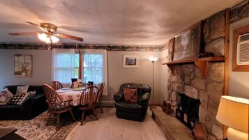 Smart TV, fireplace, DVD player, books