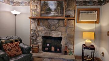 Smart TV, fireplace, DVD player, books