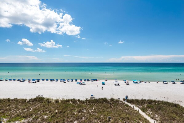 A beach with clear skies, a sandy shore, and umbrellas.