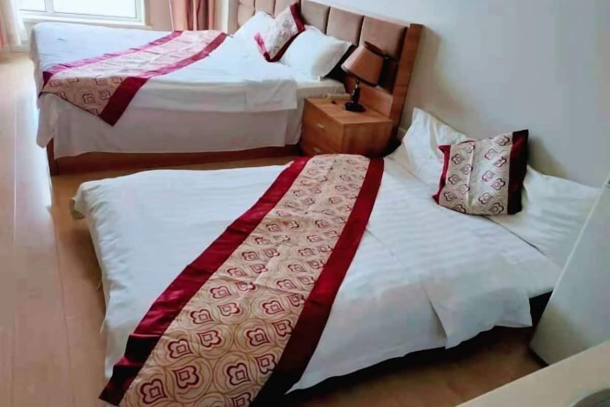 Habitación de hotel con dos camas, cada una con colcha y almohadas estampadas.