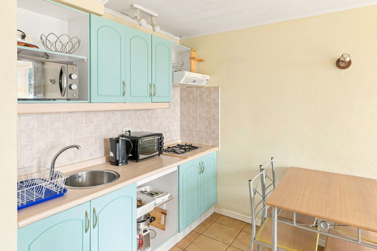 Une cuisine de taille réduite comprenant un évier, un grille-pain, une cuisinière et une table à manger.