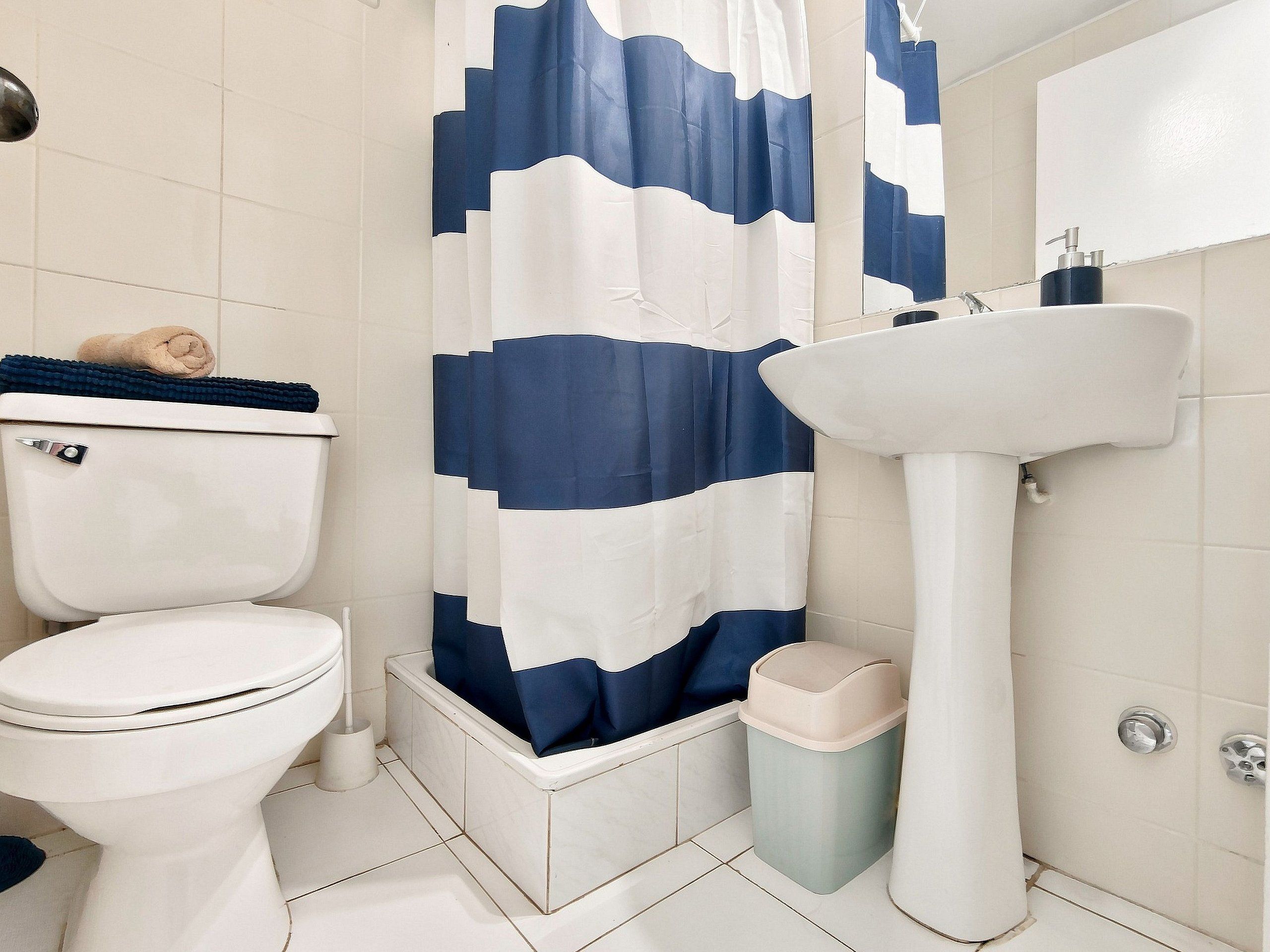 A bathroom with a toilet, a sink, a shower curtain, and a trash bin.