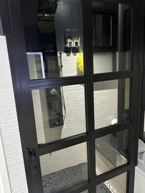 Hair dryer, towels, soap, shampoo