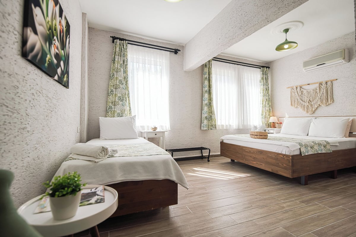 A modern bedroom with two beds, a small table with a plant, and a wall-mounted air conditioner.
