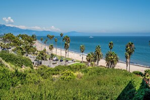 A coastal view with a beach, palm trees, and a clear sky.