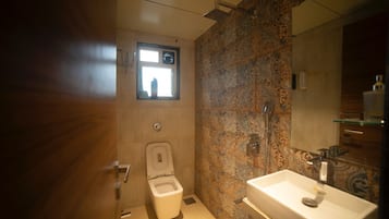 Douche, serviettes fournies, savon, shampoing