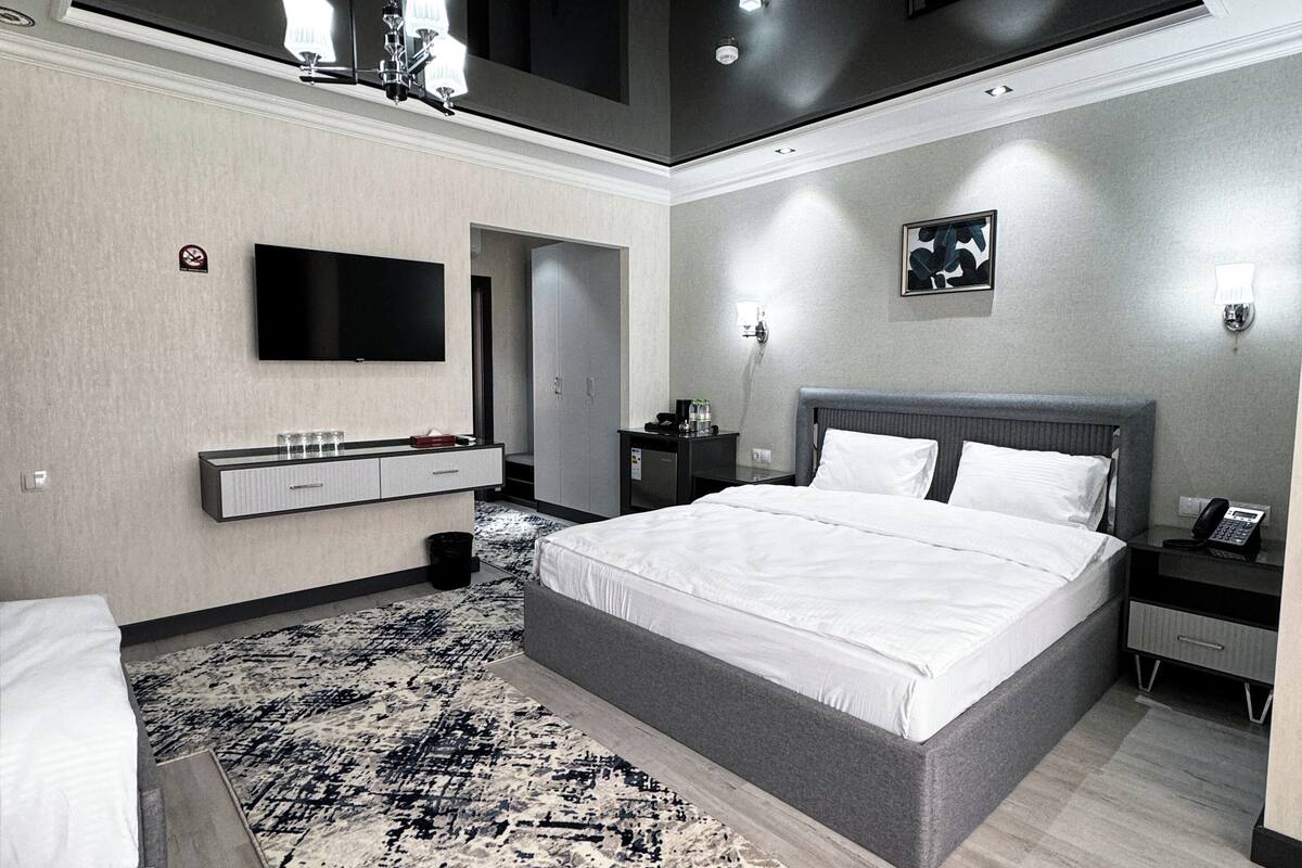 A modern bedroom with a large bed, a flat-screen TV, a bedside table, a nightstand, and a patterned rug.