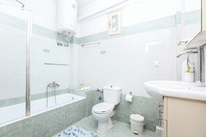 Hair dryer, towels, soap, toilet paper