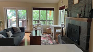 Smart TV, fireplace, books