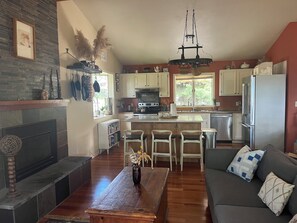 Smart TV, fireplace, books