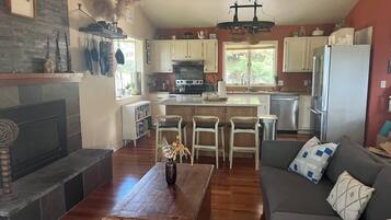 Smart TV, fireplace, books