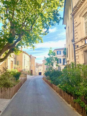 A narrow street flanked by buildings with a wooden fence and greenery.