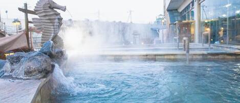 A hot spring area with a seahorse sculpture, a pool, and a building in the background.